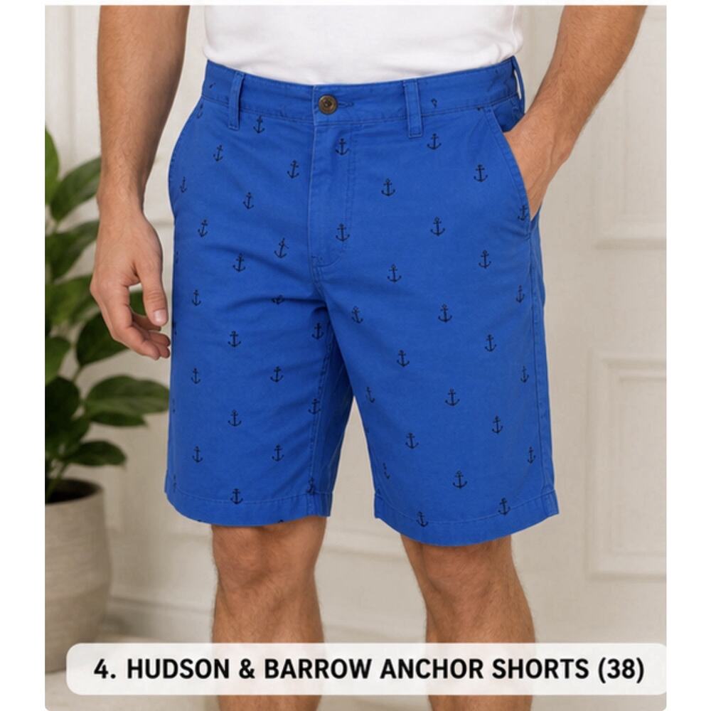 Hudson & Barrow NYC Men’s Anchor Print Shorts Blue Flat Front Size 38
